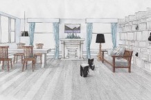 パース／LDKの平面図、展開図を元に、1消点透視図法・測線法を使用し、インテリアパースを作成。ただパースを書くのではなく空間のデザイン、コーディネートを考え、オリジナルの家具や市販の家具を立体に起こす練習をする。