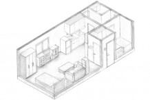 ドローイング／手書きによる設計製図。平面、立面、断面、展開図、天井伏図、詳細図などの作成を通して、作図の方法、製図のルールを覚える。